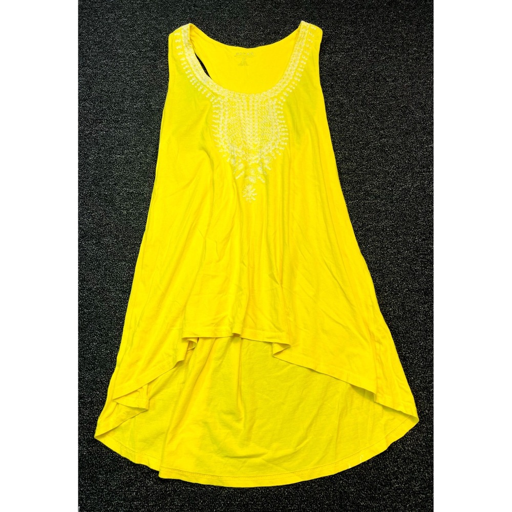 Roper Tank Dress Womens Medium Bright Yellow Embroidery Round Neck High Low Hem